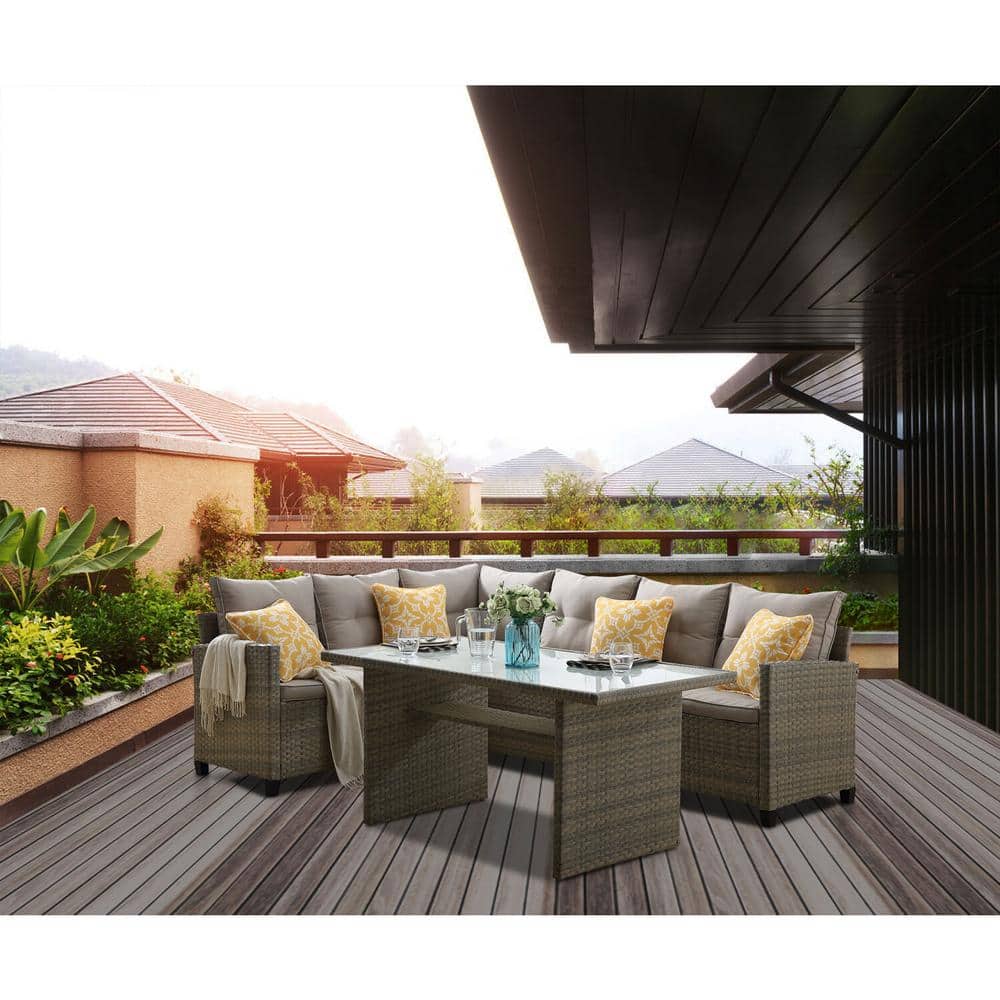 Amelia 6-Person Gray PVC Resin & Steel Outdoor Sectional Set with Chow Table