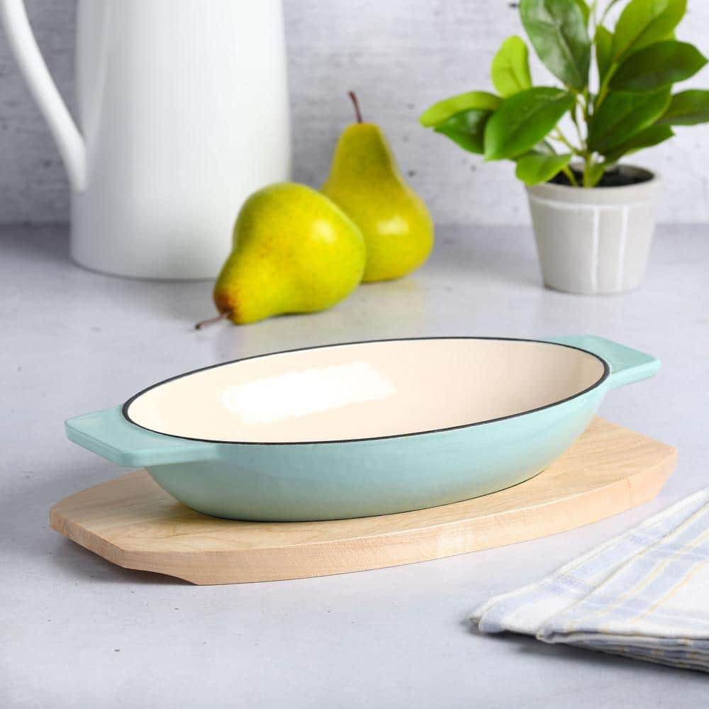 Oval Blue Cast Iron Casserole with Birch Wood Trivet