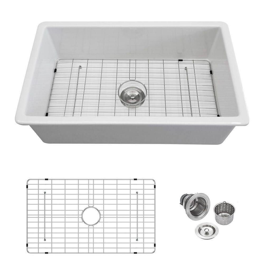 32 in. Undermount Single Bowl Glossy White Fireclay Kitchen Sink with Bottom Grid and Drain Assembly price history on PriceWatchPro