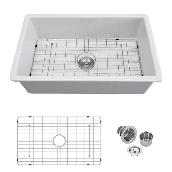 Logmey 32 in. Undermount Single Bowl Glossy White Fireclay Kitchen Sink with Bottom Grid and Drain Assembly