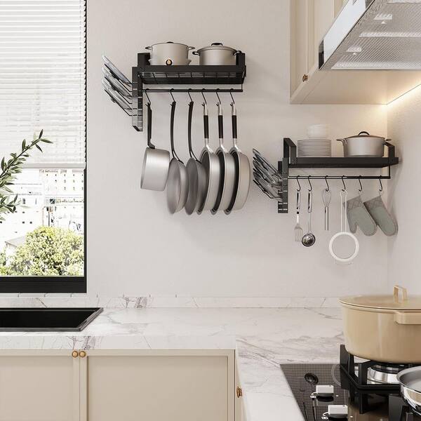 2-Piece Black Wall Mounted Pot Rack with Towel Bar and Pots Pans Lids Organizer, Cookware Hanging Shelves with Hooks