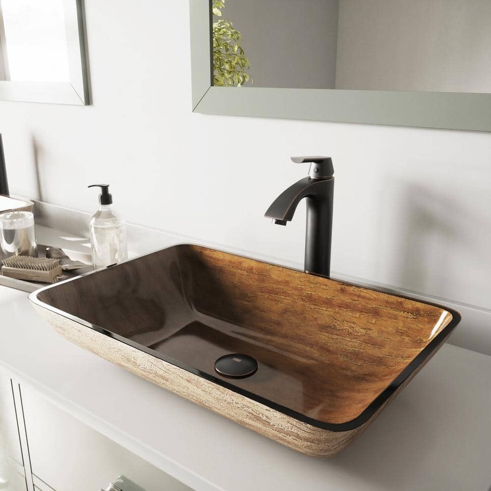 Amber Rectangular Glass Vessel Sink with Faucet
