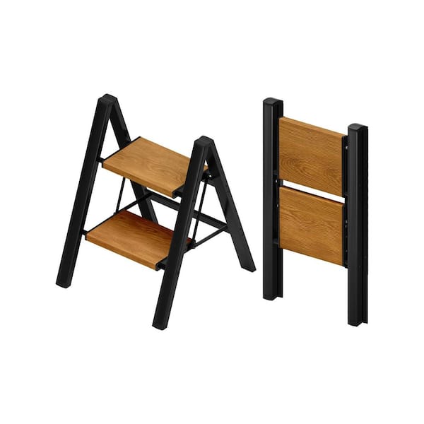 2-Step Reach Height Aluminum Folding Step Ladder, 330 lbs Capacity Black and Woodgrain Step Stool for Home Kitchen Use