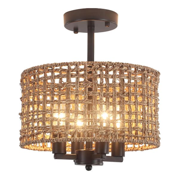 LWYTJO 11.81 in. 1-Light Black/Brown Rattan Semi Flush Mount