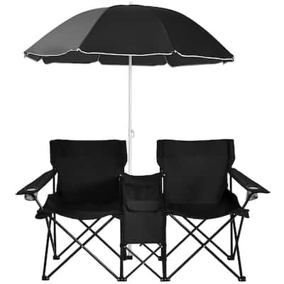 Portable Folding Black Farbic Picnic Double Chair with Umbrella Table Cooler Beach Camping