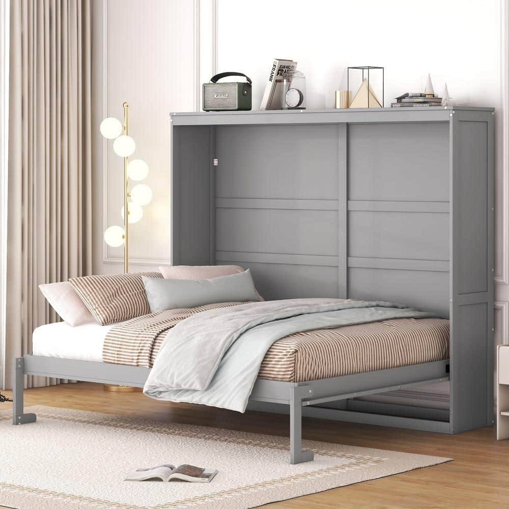 Harper And Bright Designs Gray Wood Frame Queen Size Murphy Bed Wall Bed