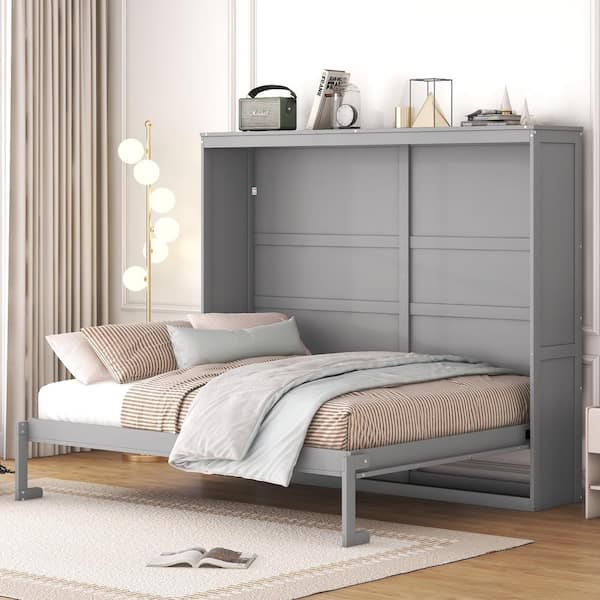 Harper & Bright Designs Gray Wood Frame Queen Size Murphy Bed, Wall Bed Folded into a Cabinet