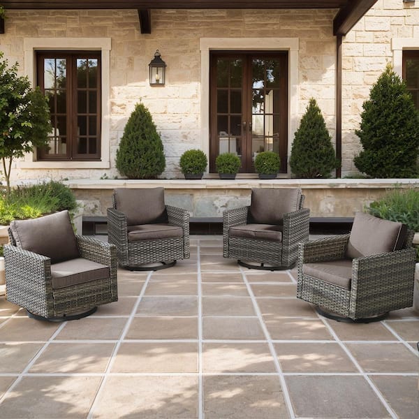U-Foot 4-Piece Gray Swivel Glider Wicker Outdoor Rocking Chair with Olefin Gray Cushions for Patio or Porch