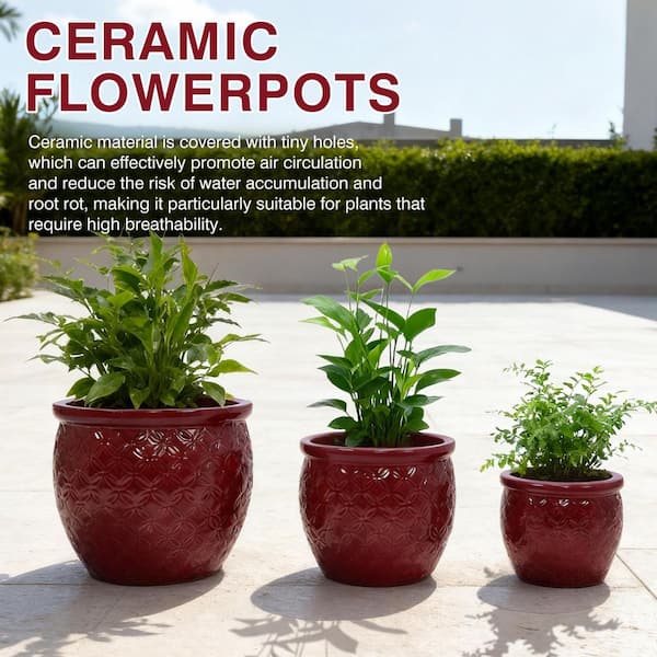 Set of 3 13 in. Round Bean Paste Red Ceramic Flower Pot with Drainage-Frost Resistant Planter for Indoor Outdoor