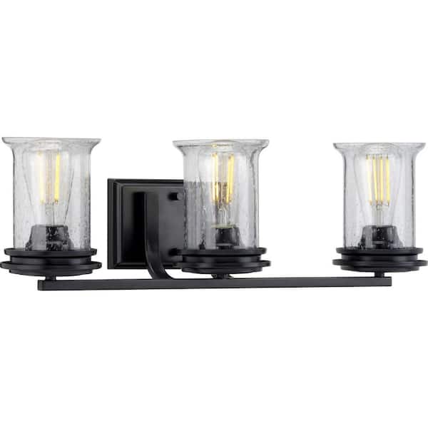 Progress Lighting Winslett Collection 3-Light Matte Black Clear Seeded Glass Coastal Bath Vanity Light