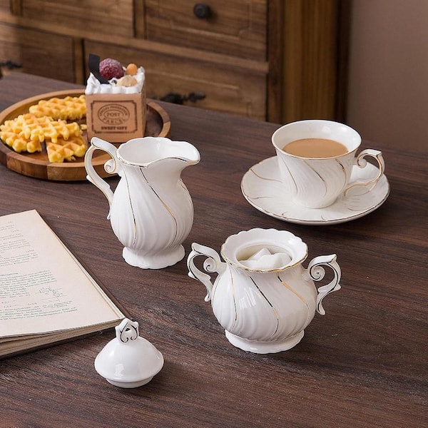Anqtovp 7.8 fl. oz. White with Gold Thread Ceramic Sugar and
