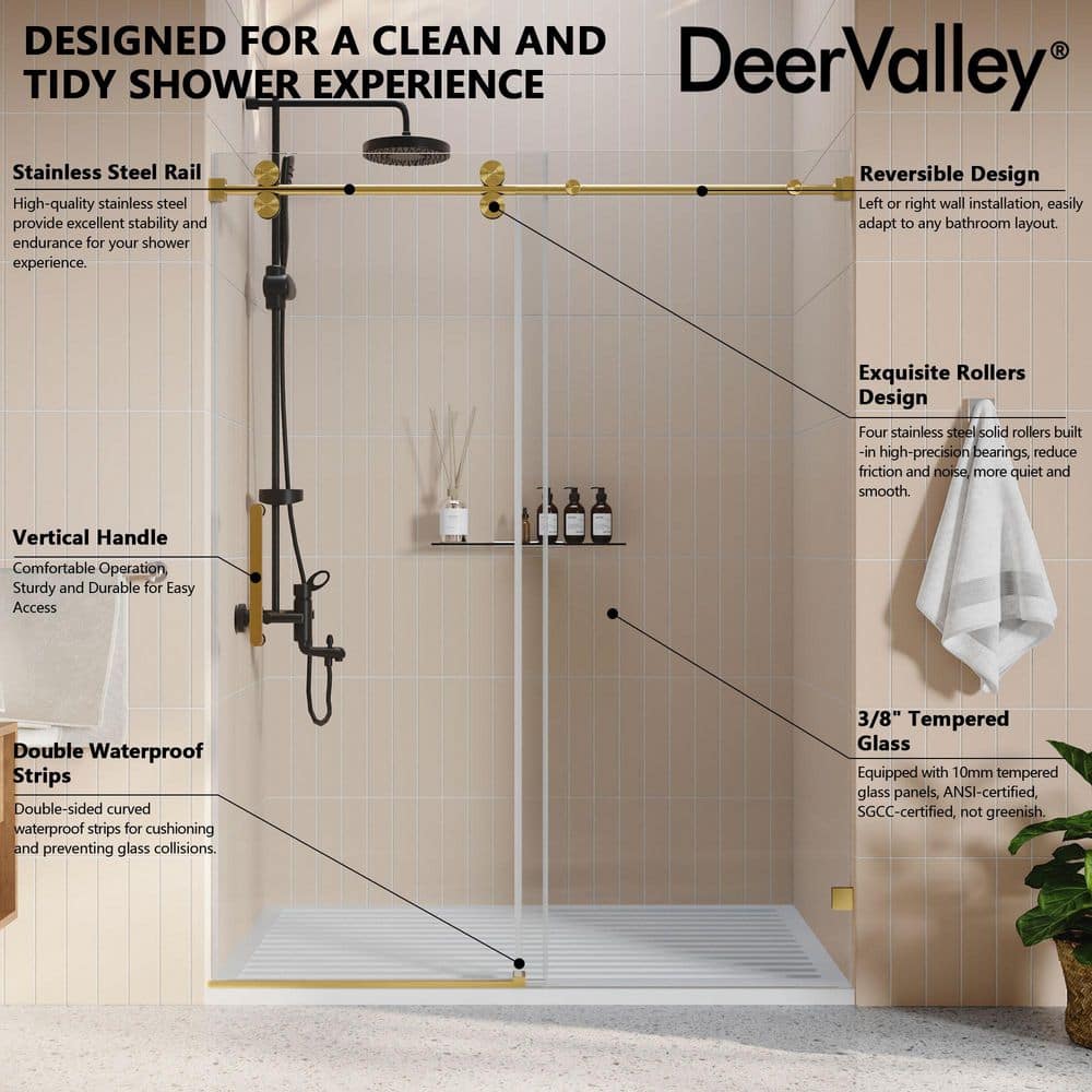 Concord 60" Gold Frameless Sliding Shower Door with Tempered Glass