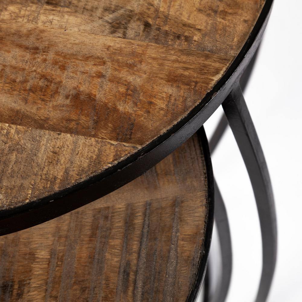 Medium Brown Round Mango Wood and Black Iron Nesting Accent Tables Set