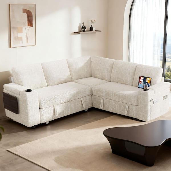 85" Beige Chenille Modular 5-seater L-shaped Sectional Sleeper Sofa Bed with Pull Out Bed,USB Ports,Cup Holders
