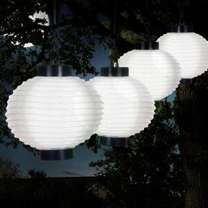 Outdoor 8 in. White Hanging Solar Integrated LED Chinese Lanterns (4-Pack)