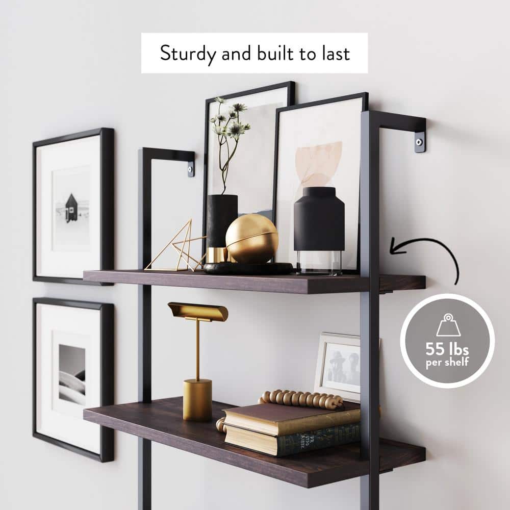 Theo 6-Tier Nutmeg & Matte Black Industrial Ladder Bookshelf
