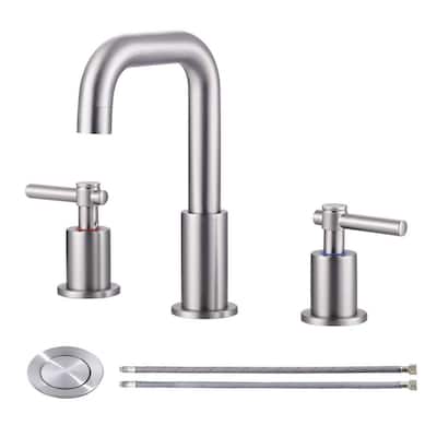 3 Hole 8 in. Widespread Double Handle High Arc Bathroom Faucet with Drain Kit Included and Supply Line in Brushed Nickel