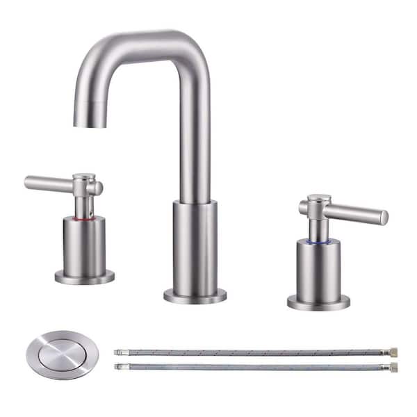 3 Hole 8 in. Widespread Double Handle High Arc Bathroom Faucet with Drain Kit Included and Supply Line in Brushed Nickel