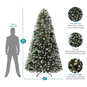 9 ft Frosted Pre-Lit Artificial Christmas Tree with Pine Cones, Faux Berries, Foot Pedal, 900 Warm Lights and Stand
