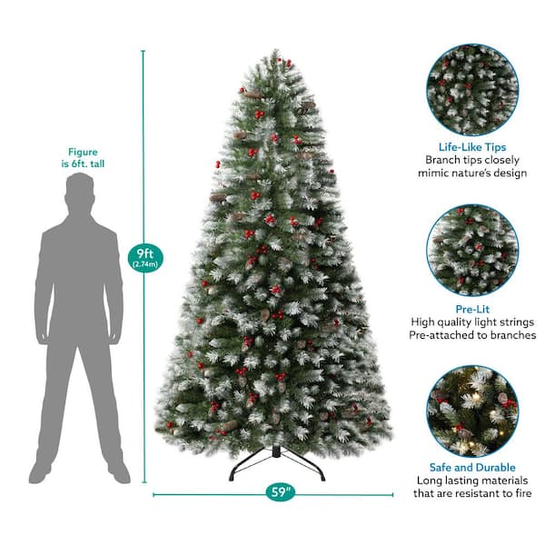 HOMESTOCK 9 ft Frosted Pre-Lit Artificial Christmas Tree with Pine Cones, Faux Berries, Foot Pedal, 900 Warm Lights and Stand