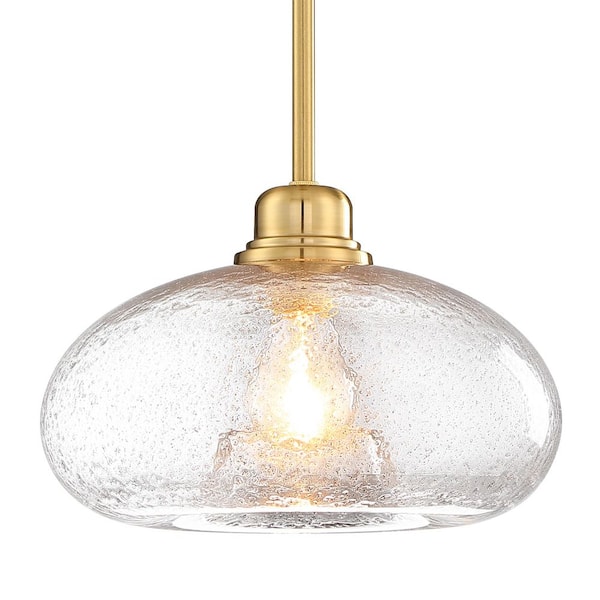 Modern 11 in. 1-Light Gold Pendant Light Fixture with Clear Grey Seeded Glass Shade for Dining Room Kitchen Island