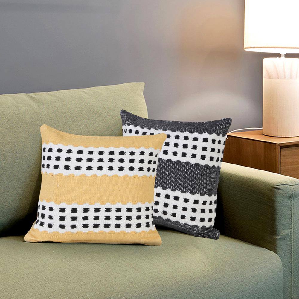 Yellow and Black Cotton Striped 20" Square Throw Pillow