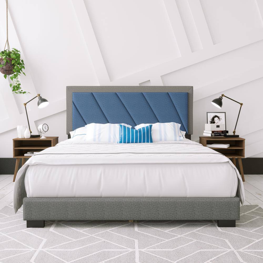 Full Blue Linen Upholstered Platform Bed with Tufted Headboard