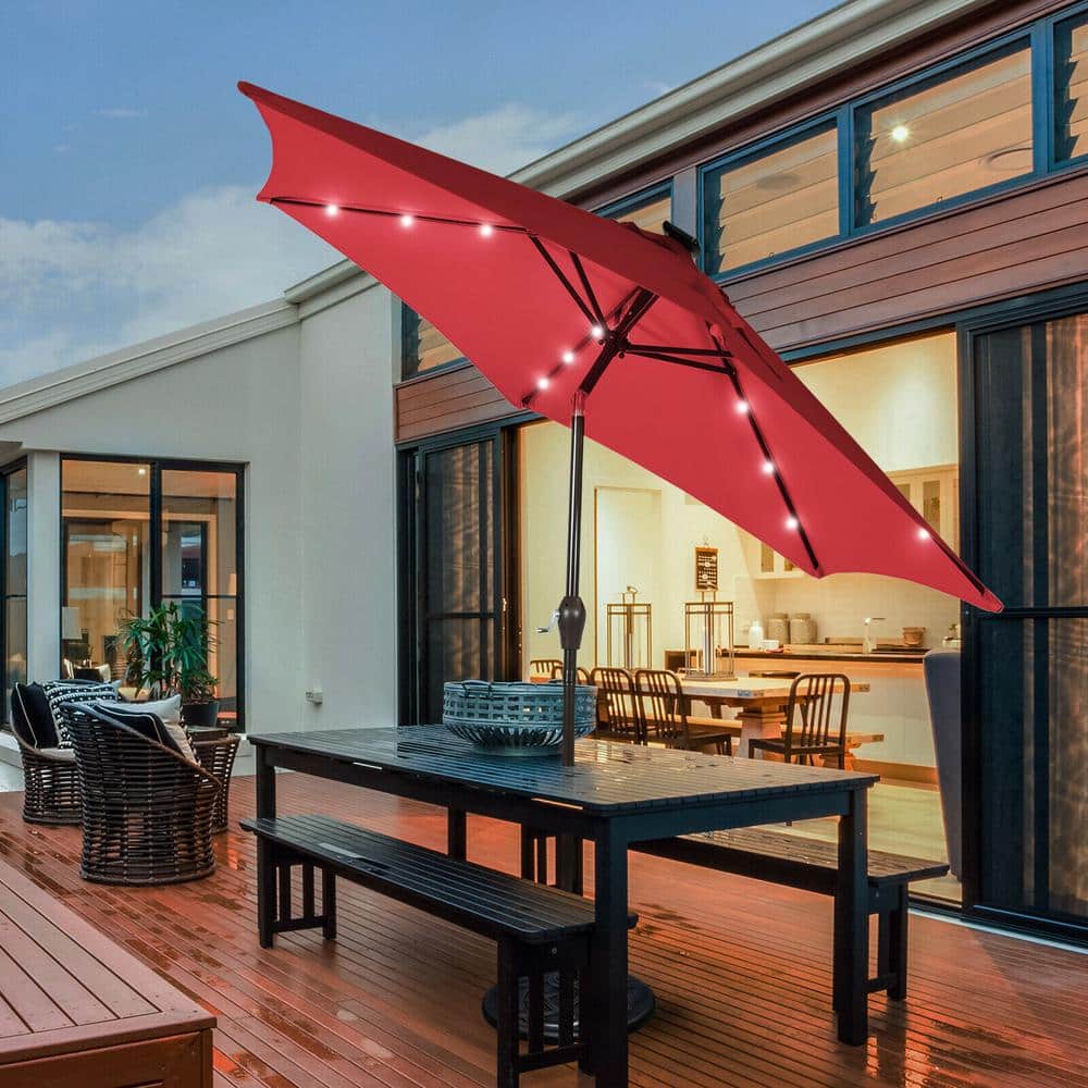 Dark Red 9 ft. Solar LED Lighted Market Patio Umbrella with Crank Lift