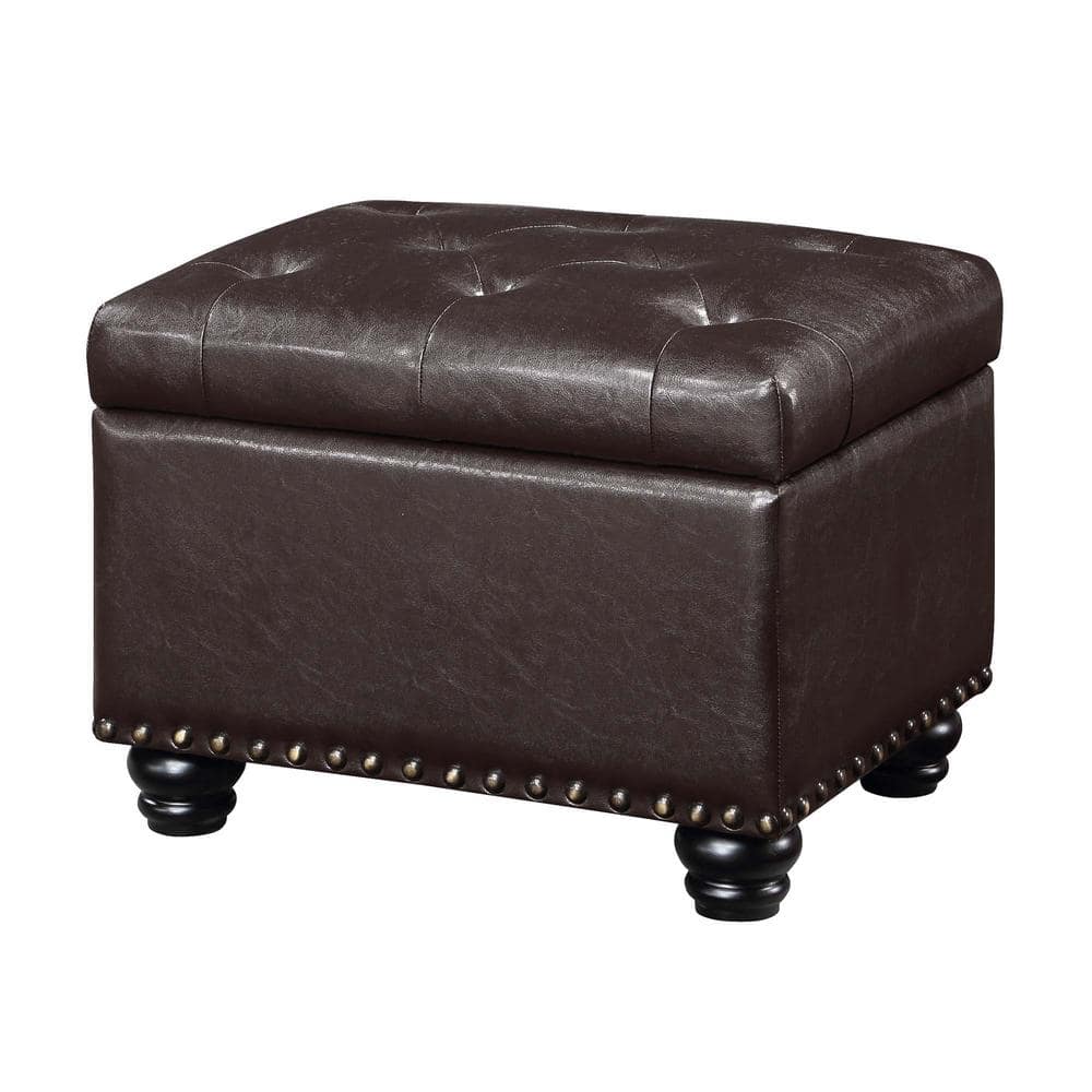 Espresso Faux Leather Tufted Storage Ottoman with Nailhead Trim