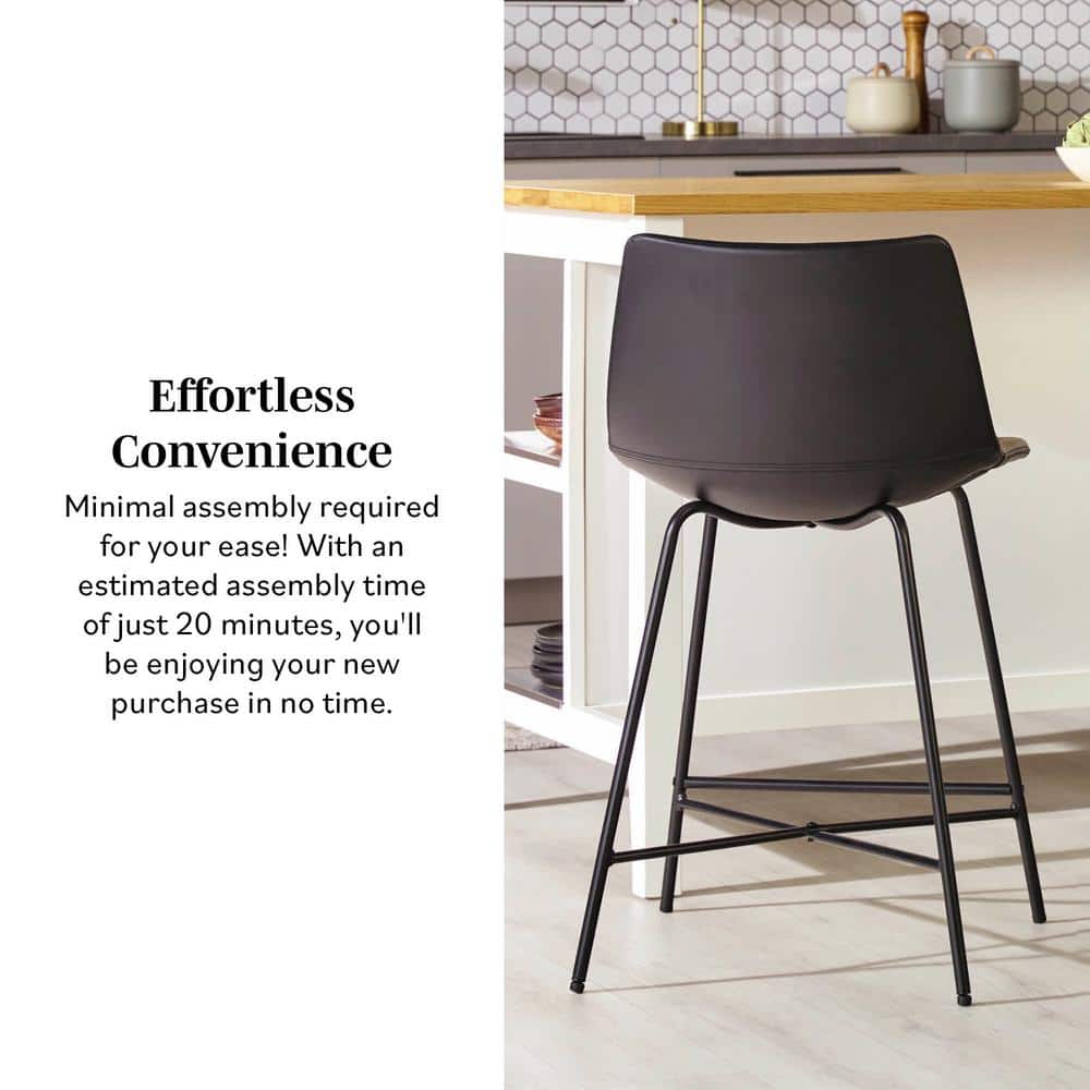 24" Black Faux Leather and Metal Counter Stools, Set of 2