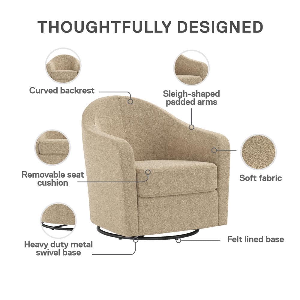 Taupe Boucle Swivel Barrel Accent Chair with Velvet Upholstery