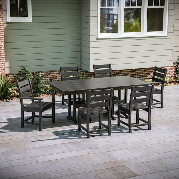 POLYWOOD Grant Park Teak 7-Piece HDPE Plastic Rectangle Farmhouse Outdoor Dining Set