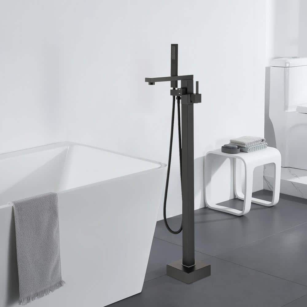 Matte Black Stainless Steel Freestanding Tub Filler with Hand Shower