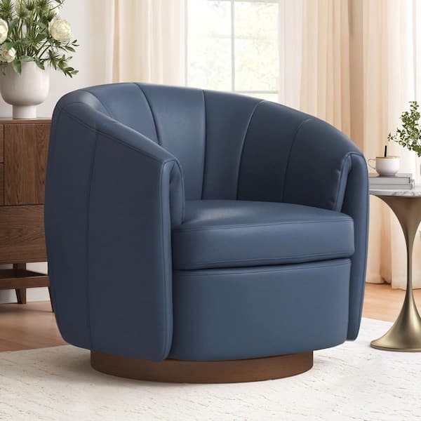 Dark Blue Modern Genuine Leather Swivel Barrel Chair with Solid Wood Base Accent Chair