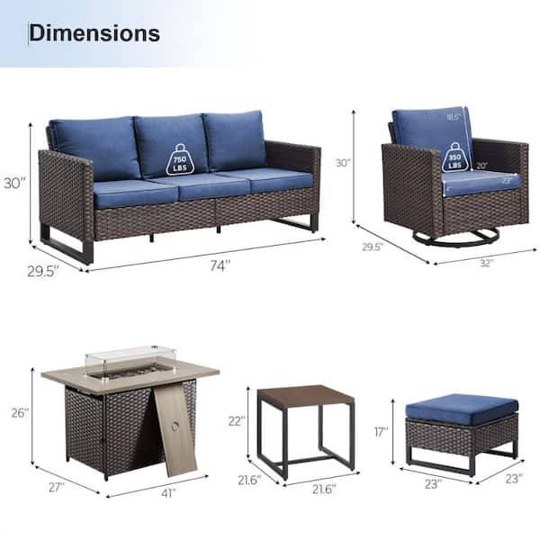 U-Foot 7-Piece Brown Wicker Fire Pit Conversation Set with Olefin Blue Cushions and Swivel Glider Chairs/Couch