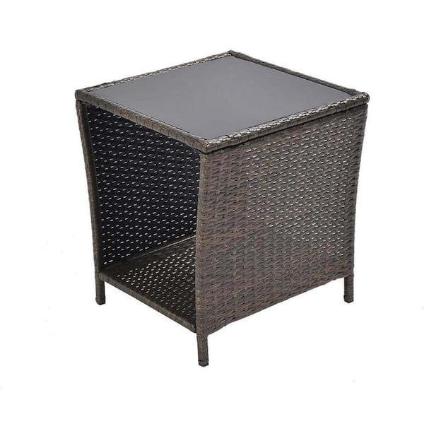 Zeus & Ruta 20.1 in. H Brown Square Wicker Outdoor Coffee Table with Glass Top for Garden, Porch, Backyard and Pool