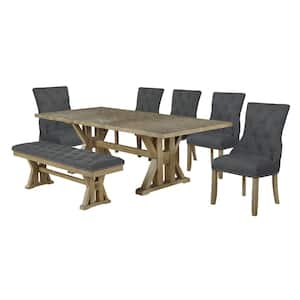 Kara 7-Piece Gray Linen Fabric Dining Set with Side Chairs and Bench.