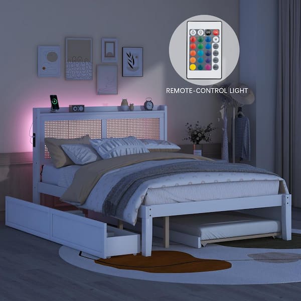Harper & Bright Designs Rustic White Wood Frame Queen Platform Bed with 2-Drawer, Rattan Headboard, Twin Trundle, USB Sockets, LED Lighting