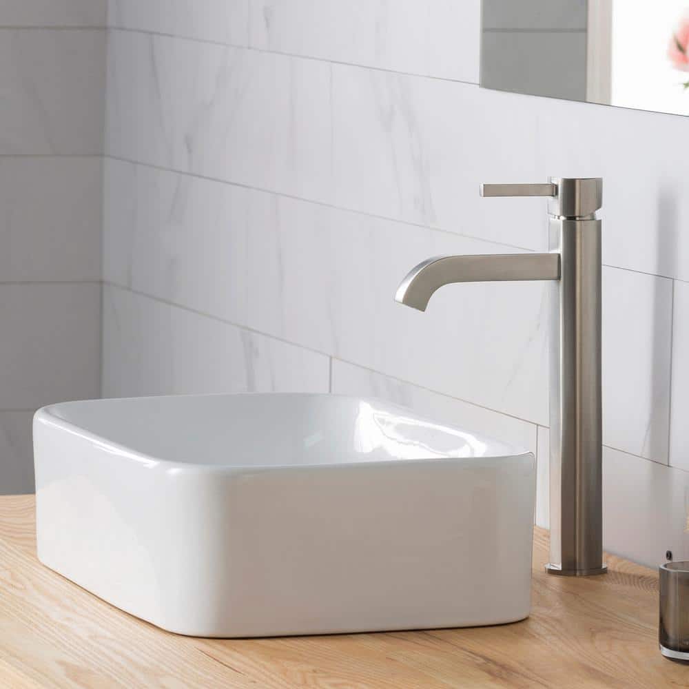 White Ceramic Rectangular Vessel Sink with Satin Nickel Faucet