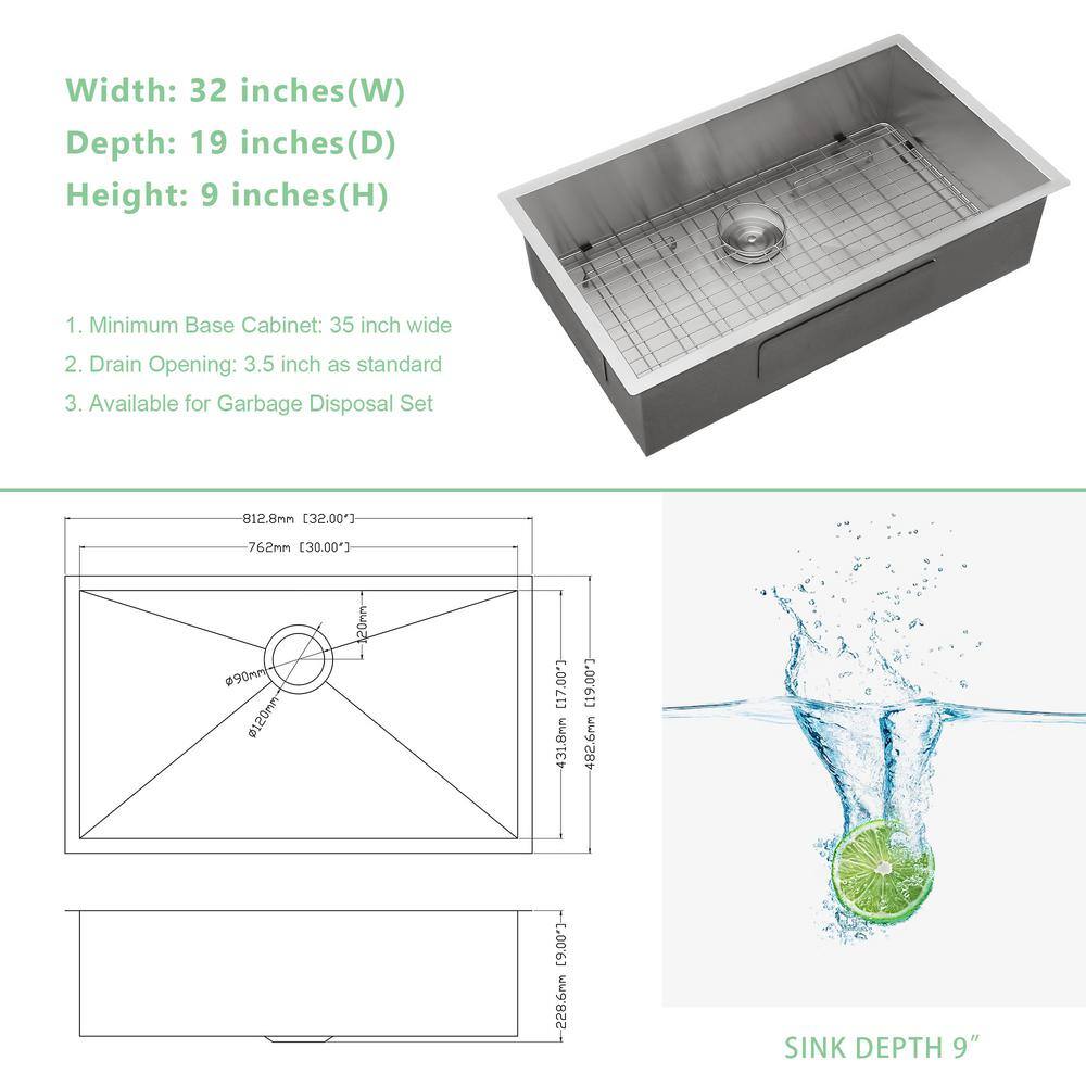32-inch Brushed Stainless Steel Single Bowl Undermount Kitchen Sink