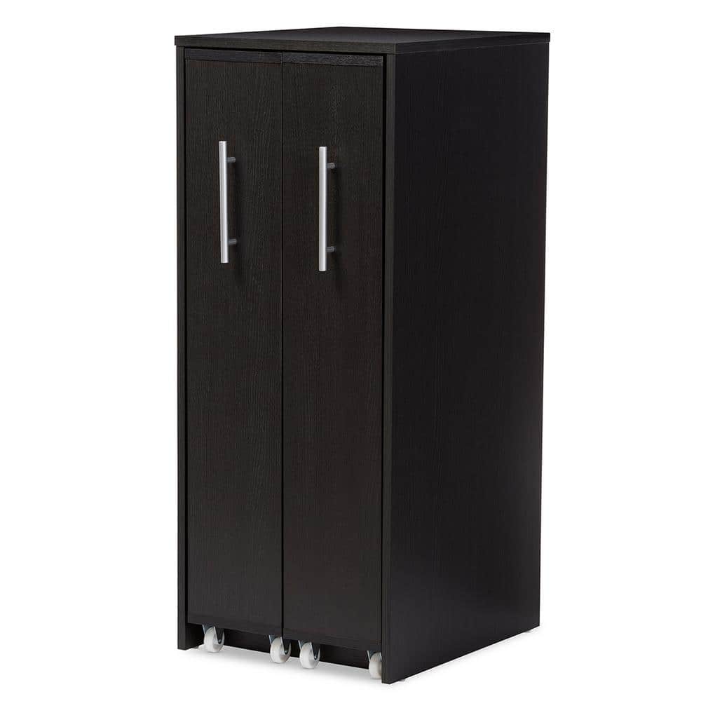 Dark Brown Wood Bookcase with Pull-Out Doors and Shelves