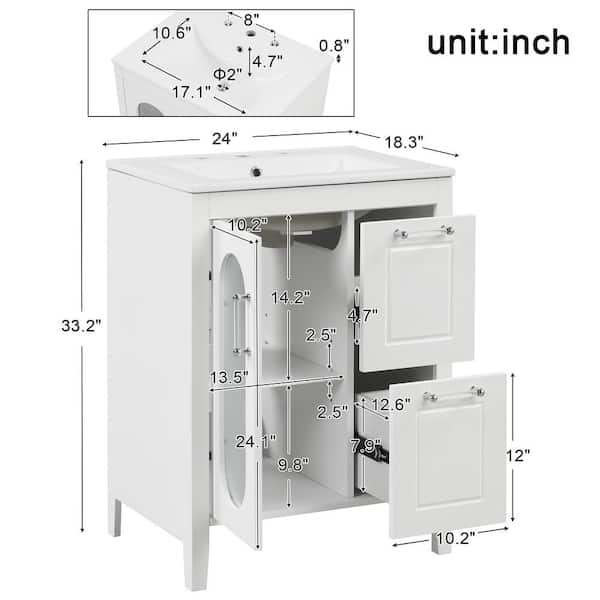 Magic Home 24 in. Freestanding Modular Bathroom Vanity Storage Solid Wood Cabinet with Sink, Adjustable 2 Tiers Shelves, White