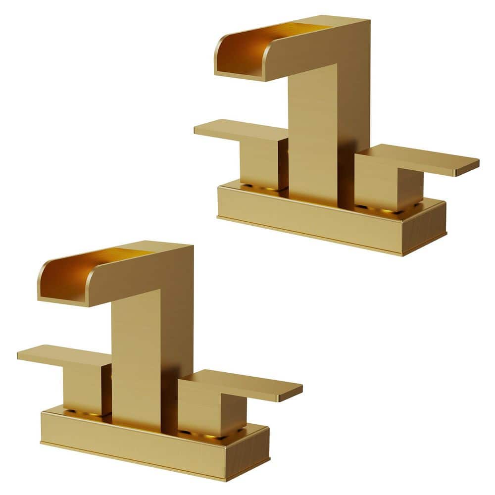 Waterfall Open Spout 4 in. Centerset Dual Handle Mid Arc Bathroom Faucet 1.2 GPM in Brushed Gold (2-Pack） price history on PriceWatchPro