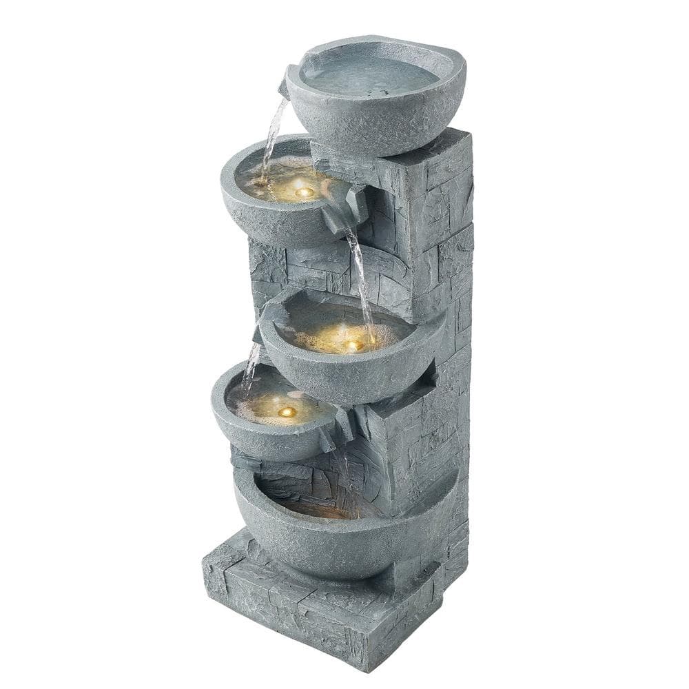 Outdoor Water Fountain 31.5 in 5-Tier Bowl Cascading Waterfall LED Light Pump Resin Fiberglass Rock Gray price history on PriceWatchPro