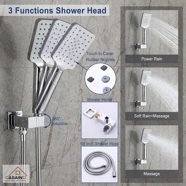 CASAINC 1-Handle 3-Spray Pattern 12 in. Wall Mount Shower