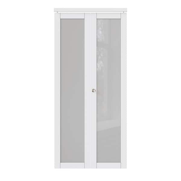 36 in. x 80.5 in. Rough Opening 1-Lite Frosting Glass MDF White Finished Closet Bi-Fold Door with Hardware