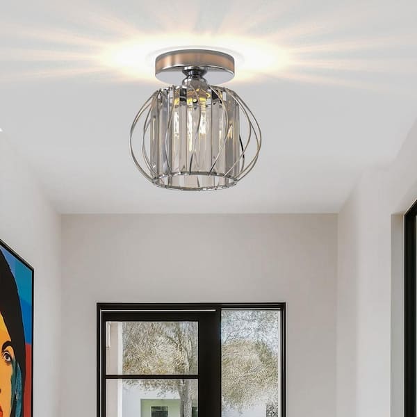 7 in. 1-Light Modern Crystal Semi Flush Mount Ceiling Light，Chrome Cage Design for Hallway, Entryway, or Bedroom