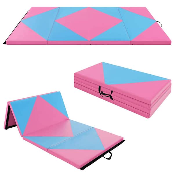 HONEY JOY Folding Gymnastics Mat 8 ft. x 4 ft. x 2 in. PU Leather Tumbling Exercise Mat Yoga Gym Pink+Blue 32 sq. ft.