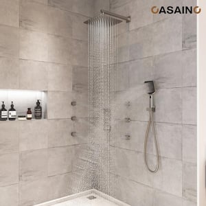 Luxury Thermostatic 3-Spray Patterns 12 in. Flush Wall Mount Rainfall Dual Shower Heads with 6-Jets in Brushed Nickel