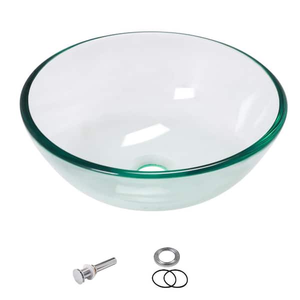 13.98 in. x 13.98 in. Top-mount Round Bathroom Glass Vessel Sink with Drain in Transparent Green